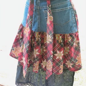 Holiday Denim Hostess Apron, Upcycled Jeans, Red Plaid Christmas, Sustainable Fashion, Eco-Friendly Kitchen Accessory, Holiday Gift image 7