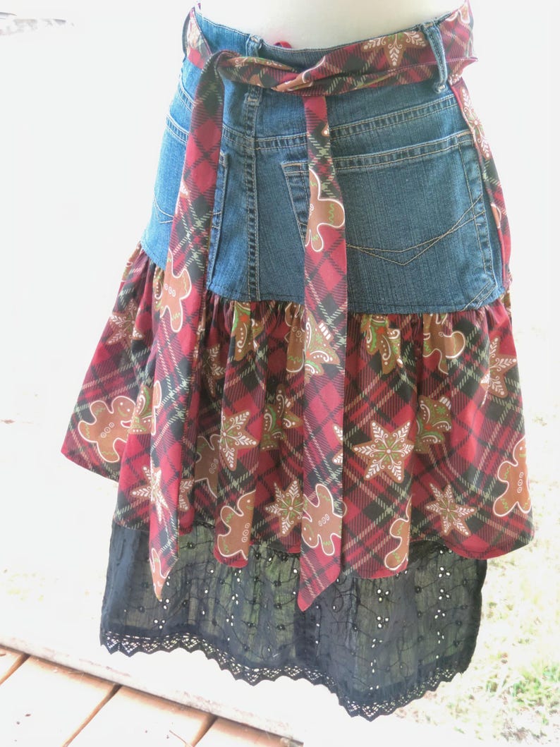 Holiday Denim Hostess Apron, Upcycled Jeans, Red Plaid Christmas, Sustainable Fashion, Eco-Friendly Kitchen Accessory, Holiday Gift image 7