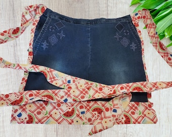 Stylish Upcycled Denim Apron Eco-Friendly Blue Jeans Recycled Kitchen Accessory, cute watermelon denim apron, repurposed jeans apron,