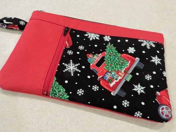 Holiday red truck clutch, christmas truck clutch, Christmas tree wristlet, double zip pouch, holiday purse organizer, snowflake clutch