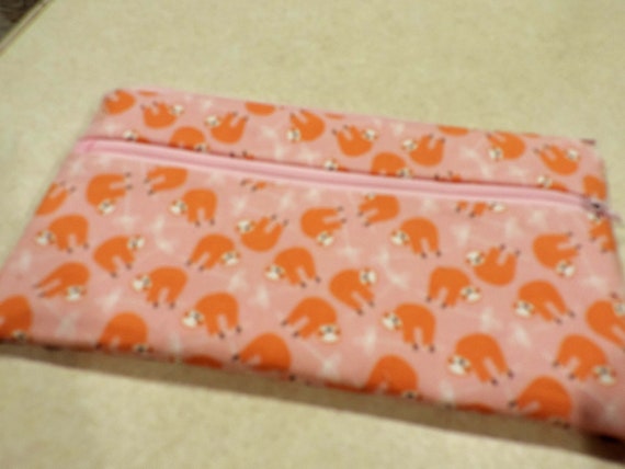 sloth pouch, sloth purse organizer, sloth cosmetic bag, pink sloth toiletry bag, double zip pocket bag