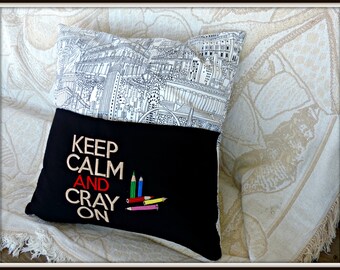 coloring pocket pillow, adult coloring pillow, coloring pocket pillow, keep calm and cray on pillow, coloring book lover gift