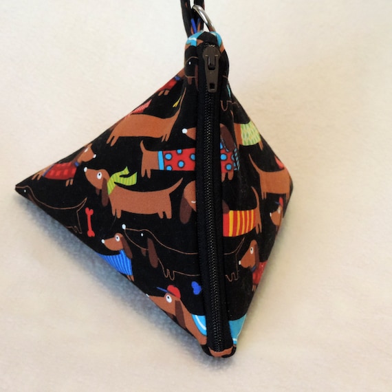 doxie triangle purse, dachshund pyramid pouch, doxies in sweaters pouch, pyramid doxie pouch, triangle pouch, fashion purse, dog coin purse