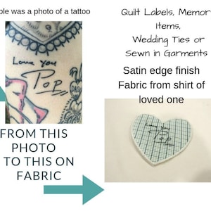 May include: A heart-shaped fabric patch with a grid pattern and the handwritten text "Love you Pop" in black ink. The patch is sewn on a white background. The text "Quilt Labels, Memory Items, Wedding Ties or Sewn in Garments Satin edge finish Fabric from shirt of loved one" is written in black ink on a white background.