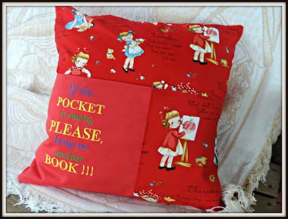 reading pocket pillow, retro pocket pillow with handle, reading cushion, encourage reading pillow, book lover gift, learn to read gift
