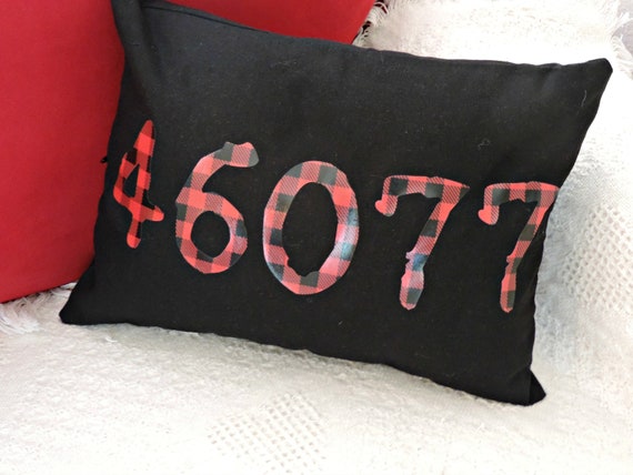 buffalo plaid zip code pillow, red plaid zip code, red plaid pillow, closing gift, housewarming gift, rustic home decor, zip code gift