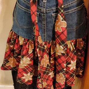 Holiday Denim Hostess Apron, Upcycled Jeans, Red Plaid Christmas, Sustainable Fashion, Eco-Friendly Kitchen Accessory, Holiday Gift image 2