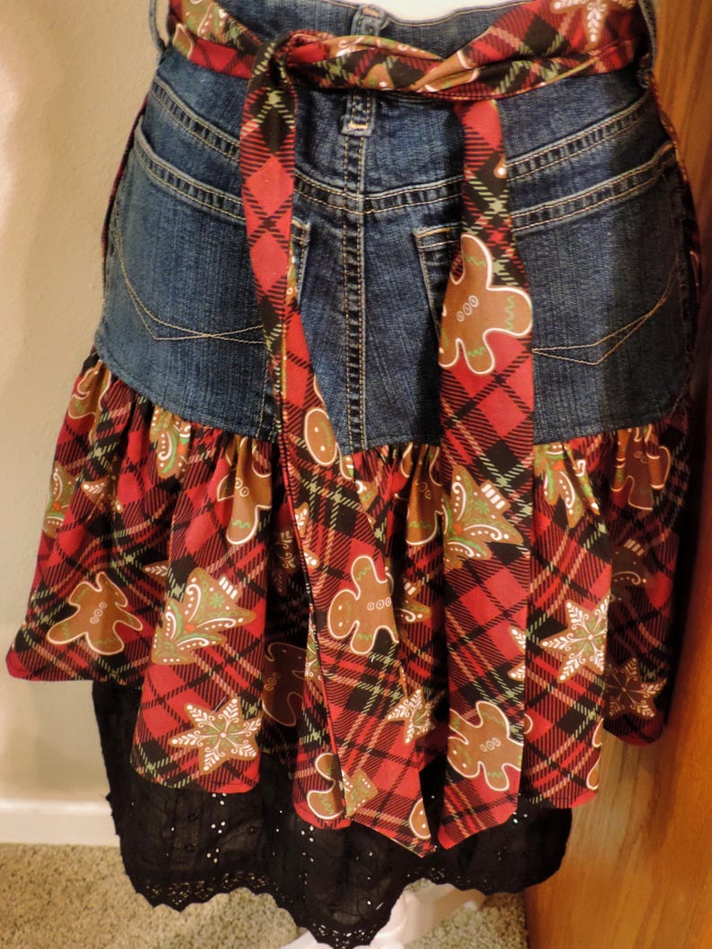 Holiday Denim Hostess Apron, Upcycled Jeans, Red Plaid Christmas, Sustainable Fashion, Eco-Friendly Kitchen Accessory, Holiday Gift image 2