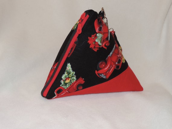 red truck purse, Triangle purse, top handled purse, pyramid red truck pouch, holiday wristlet, Christmas purse