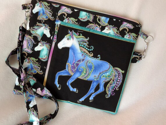 Horse crossbody bag, double zip horse bag, jewel tone horse bag, handmade crossbody bag, horse shoulder bag, horse lover bag,