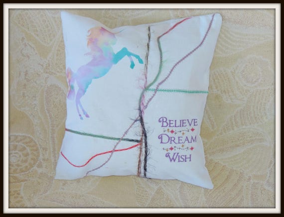 Unicorn pillow, unicorn watercolor art pillow, wish dream believe, watercolor unicorn, tween gift, dorm decor, luminescent unicorn