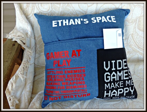 Gamer pillow, Your personal Space, Game Lover gift, Reading Cushion, Pocket pillow, Denim pillow, gift for gamer, personalized space