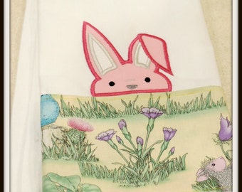 bunny towel, spring hostess gift, easter dish towel, easter hostess gift, easter kitchen decor, spring dish towel, peeping bunny towel