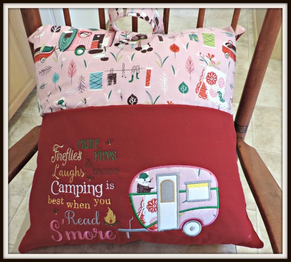 Camping pillow, camping reading pillow, glamper pillow, camping pillow, travel gifts for kids, book pocket pillow, vacation, summer camp