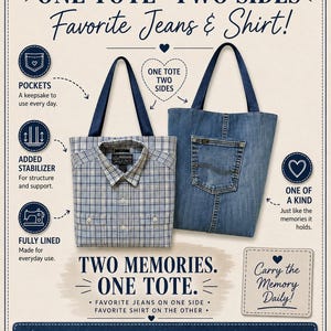 May include: A reversible tote bag featuring one side made from a blue and white plaid button-down shirt and the other side made from blue denim jeans with a back pocket. The bag has dark blue fabric straps and includes text detailing its features.