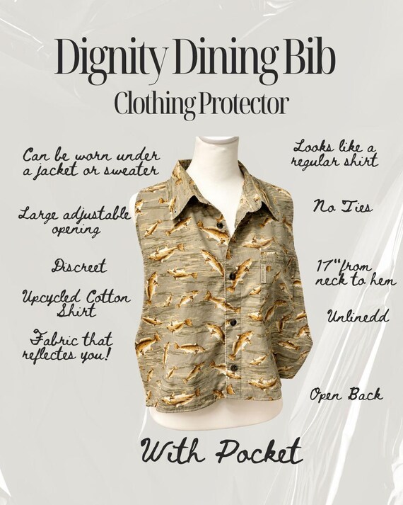 Fishing Dignified Dining adult bib clothing protector for special needs, travel, upcycled shirt, travel Car Bib napkin, Apron alternative