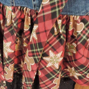 Holiday Denim Hostess Apron, Upcycled Jeans, Red Plaid Christmas, Sustainable Fashion, Eco-Friendly Kitchen Accessory, Holiday Gift image 4