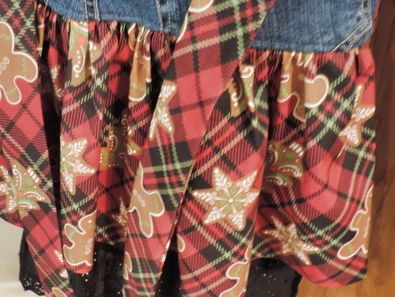 Holiday Denim Hostess Apron, Upcycled Jeans, Red Plaid Christmas, Sustainable Fashion, Eco-Friendly Kitchen Accessory, Holiday Gift image 4