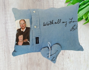 Memory shirt pillow with handwriting and picture, made from clothing, personalized photo pillow, grief gift, bereavement gift, in memory