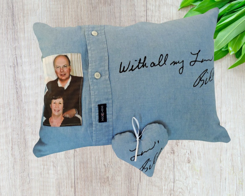 Memory shirt pillow with handwriting and picture, made from clothing, personalized photo pillow, grief gift, bereavement gift, in memory image 1