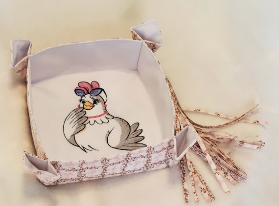 chicken in glasses bin, cottagecore fabric trinket tray, chicken mom gift, funny coworker gift, chicken desk organizer, secret santa gift