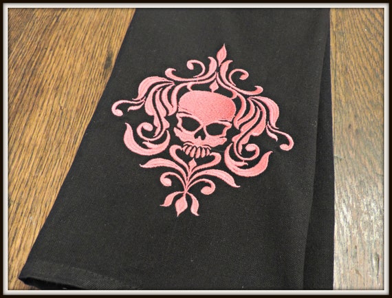 skull towel, skeleton towel, pink damask skull, day of the dead, zombie kitchen, skull kitchen, sugar skull decor