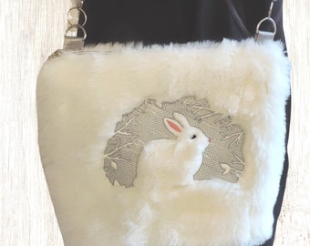 Bunny Embroidered Faux Fur Plush Purse, Long Hair Faux Fur Purse, white faux fur and silver purse