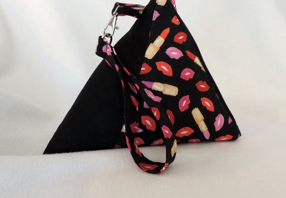 lips Triangle purse, top handled purse, pyramid lip pouch, lipstick wristlet, triangle pouch, fashion purse