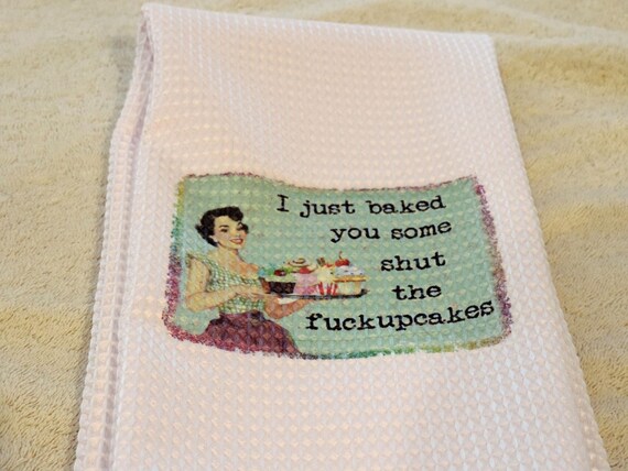 Retro housewife, fuckupcakes, kitschy kitchen, retro kitchen towel, hostess gift, Sarcastic Housewife, Retro Housewife, Funny Kitchen towel