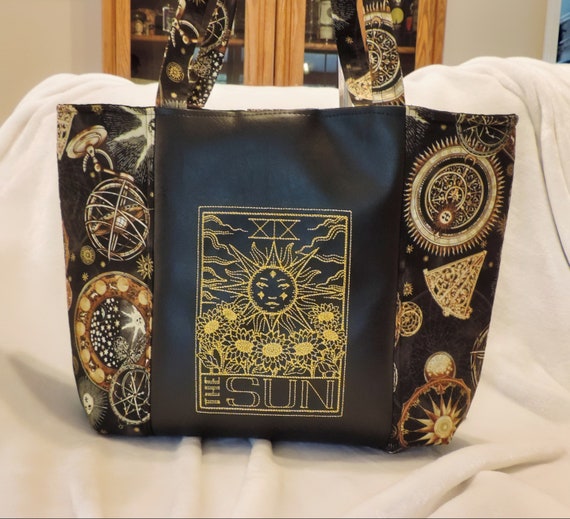 tarot card embroidered tote, sun tarot card shoulder bag, celestial sun tote, wicca gift, psychic gift