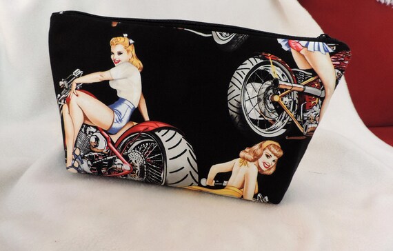 biker cosmetic bag, biker toiletry bag, pin up biker pouch, rockabilly cosmetic bag, ready to ship bag, last minute gift