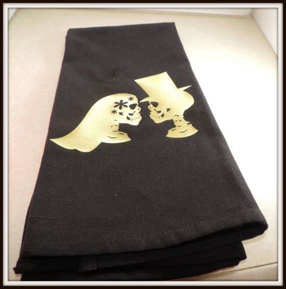 skeleton couple towel, skeleton bride, metallic gold skeleton, day of the dead, zombie kitchen, skull kitchen, sugar skull decor