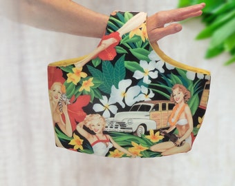 retro bathing beauty pin up purse, retro rockabilly summer bag, resort wear bag, beach wedding, beach lover yarn storage bag