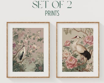 Dúo de láminas decorativas de estilo chinoiserie en tonos rosados: láminas de grullas y peonías, decoración floral, estilo vintage, decoración elegante para el hogar, láminas decorativas imprimibles B71