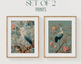 Juego de dos láminas decorativas de estilo chinoiserie en azul claro: estampados de garzas y flores, decoración de peonías, decoración elegante para el hogar, láminas decorativas imprimibles B70