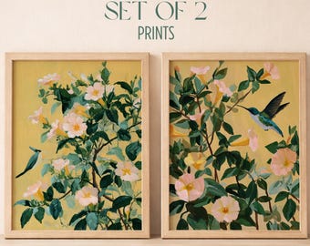 Hummingbird Wall Art Set of 2 - Yellow Bird Prints, Floral Bird Art, Botanical Wall Decor, Cottagecore Printable B108