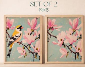 Juego de 2 láminas decorativas de jilgueros para pared - Estampados florales de pájaros, arte de flores de magnolia, decoración botánica para pared, estilo cottagecore imprimible B99