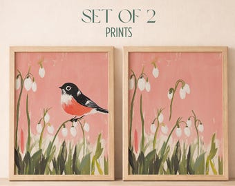 Juego de 2 láminas decorativas de pájaros petirrojos - Estampados florales rosas con pájaros, arte de campanillas de invierno, decoración botánica estilo cottagecore, láminas imprimibles de primavera B103