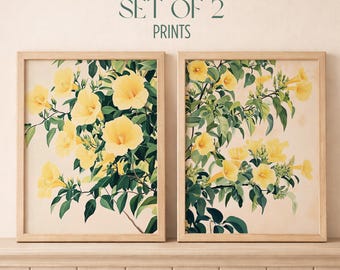 Botanical Wall Art Set of 2 - Yellow Floral Prints, Blossom Wall Art, Cottagecore Decor, Vintage Botanical Printable, Digital Download B106