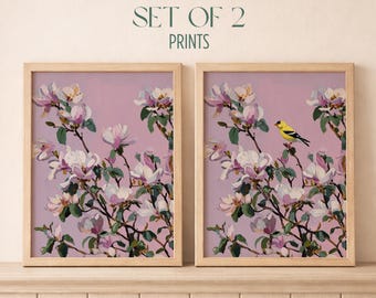 Goldfinch Bird Wall Art Set of 2 - Floral Bird Prints, Magnolia Blossom Art, Botanical Wall Decor, Cottagecore Printable, Lavender Art B107