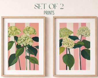 Juego de 2 láminas decorativas de hortensias color crema para pared - Estampados botánicos suaves estilo cottagecore, flores de rayas rosas, arte en gouache, decoración en tonos pastel neutros B114