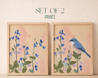 Juego de 2 láminas decorativas de pájaros azules: láminas florales con pájaros, arte de campanillas azules, decoración botánica, estilo rústico primaveral para imprimir, descarga digital B101