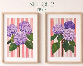 Juego de 2 láminas decorativas de hortensias lavanda para pared - Estampados botánicos estilo cottagecore, estampado floral de rayas rosas, impresión en gouache, decoración en tonos pastel B116