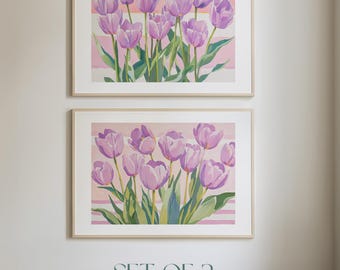 Juego de 2 láminas decorativas de tulipanes rosas para pared, estampados florales en tonos pastel, estilo gouache B_H_137