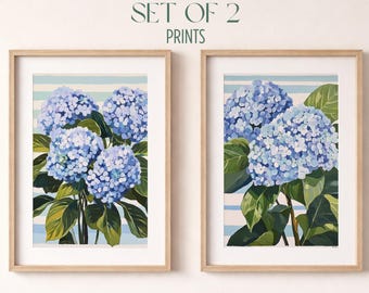 Juego de 2 láminas decorativas de hortensias azules para pared - Estampados florales a rayas, decoración botánica estilo cottagecore, lámina para imprimir en gouache, arte en azul pastel B112