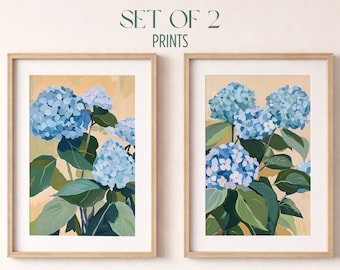 Juego de 2 láminas decorativas de hortensias azules para pared - Láminas botánicas florales, decoración estilo cottagecore, lámina imprimible en gouache pastel a rayas, descarga digital B110