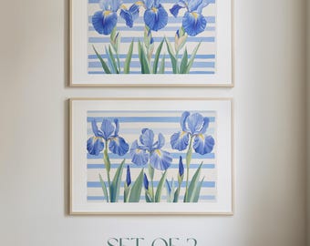 Juego de 2 láminas decorativas de pared con motivos de lirios azules, estampados florales a rayas, estilo gouache B_H_140