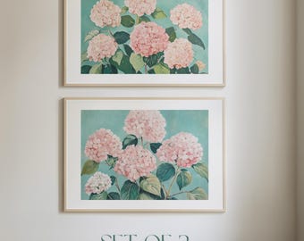 Pink Hydrangea Wall Art Set of 2, Teal Floral Prints, Gouache Style B_H_141