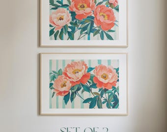 Red Peony Wall Art Set of 2, Striped Floral Prints, Cottagecore Decor B_H_139