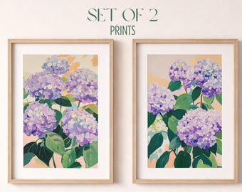 Par de láminas decorativas de hortensias lavanda para pared - Decoración floral estilo cottagecore, láminas botánicas en gouache, láminas de flores en tonos pastel para imprimir, descarga digital B115